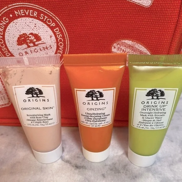 Origins Skincare Set-Red Pouch,Mask,Cleansers,Serums,Anti-Age,Eye Cream-15pc-NEW